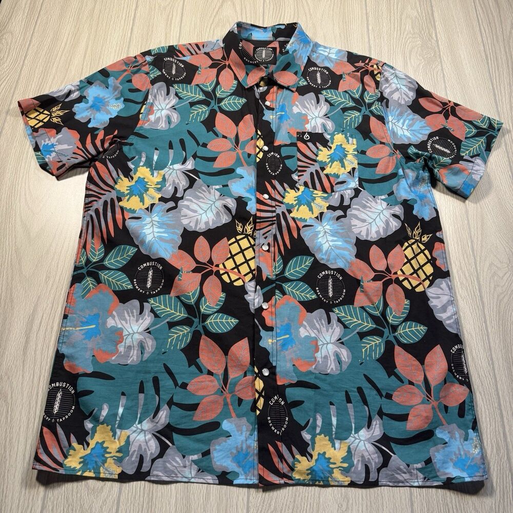Combustion Brewing Co Pearl Snap Hawaiian Shirt Men’s XXL Floral Logo Pocket EUC